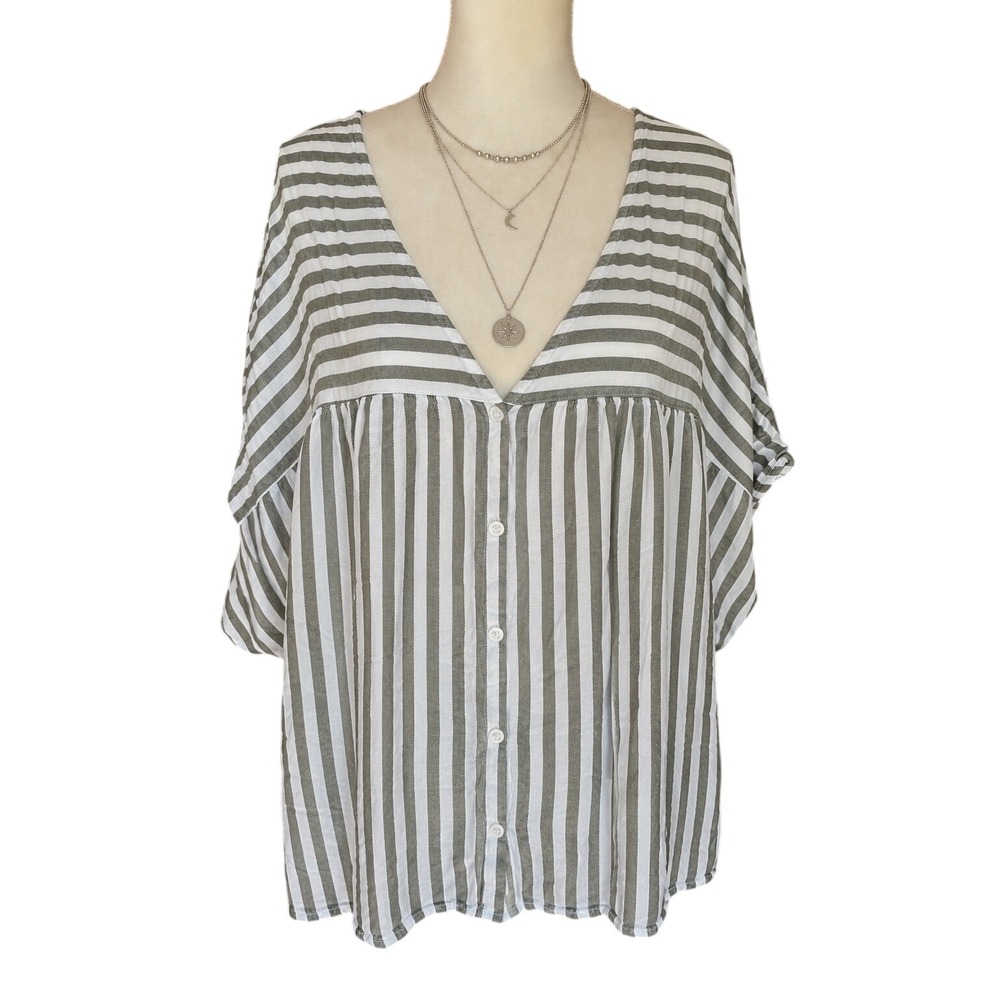 Terra & Sky Blouse Rayon 3X Olive Green White Coastal Boho